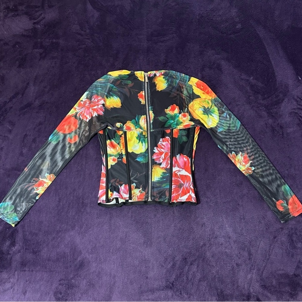 Multicolor Floral Mesh Long Sleeve Corset Top Size M - Picture 4 of 5
